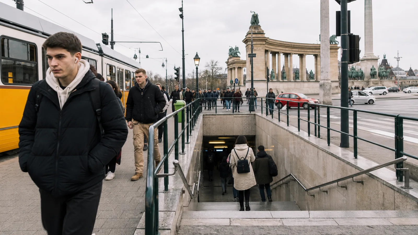 Sárga villamos és gyalogosok Budapest belvárosában, fontos közlekedési kapcsolatok közelében.